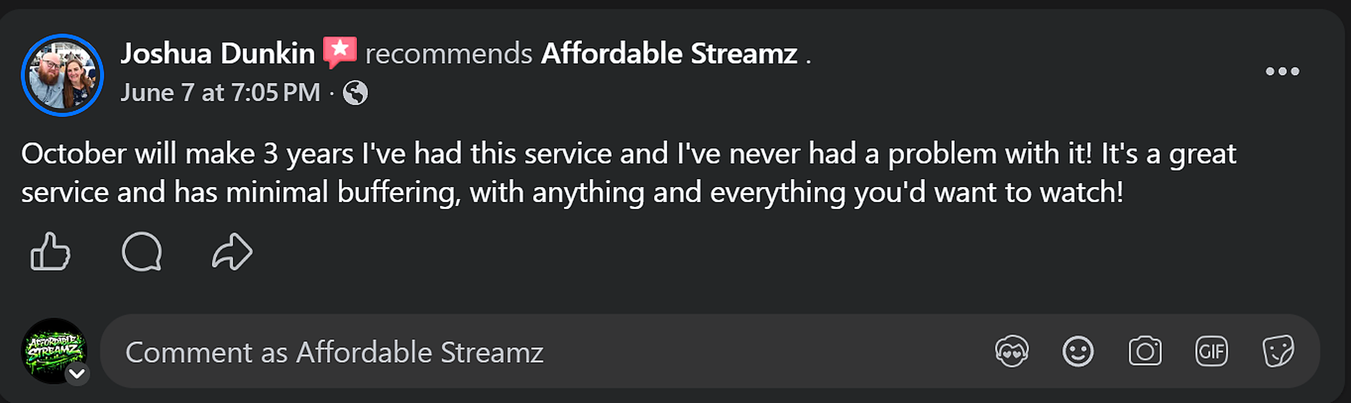 Customer review of Affordable Streamz