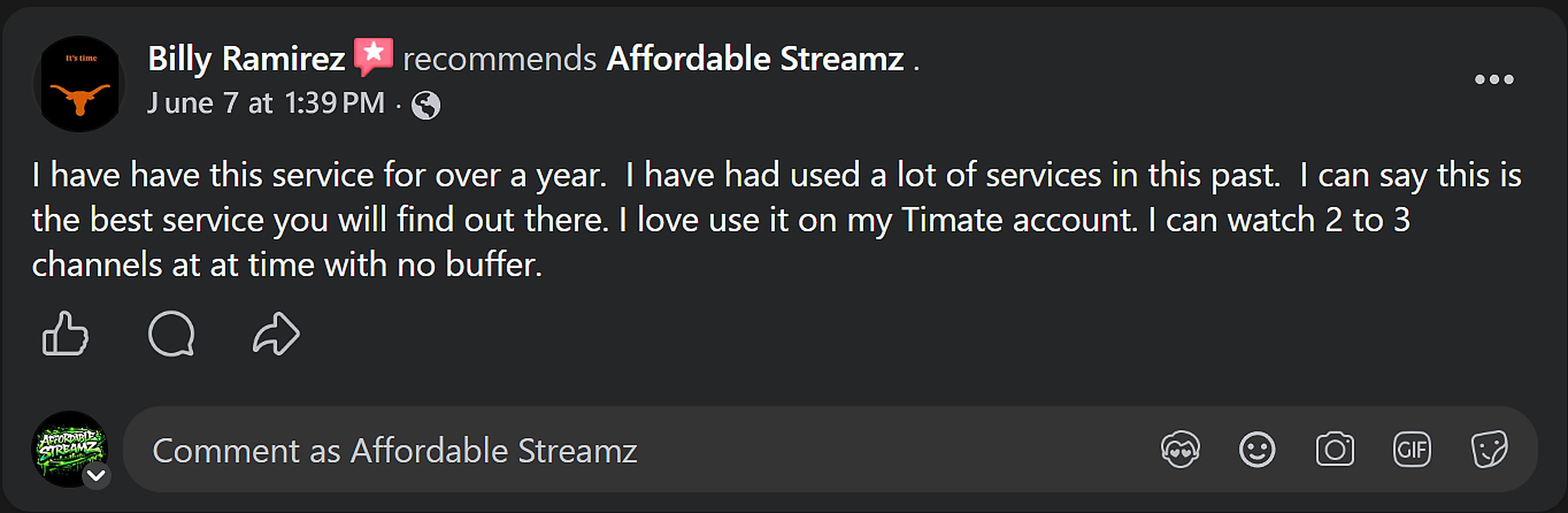 Customer review of Affordable Streamz