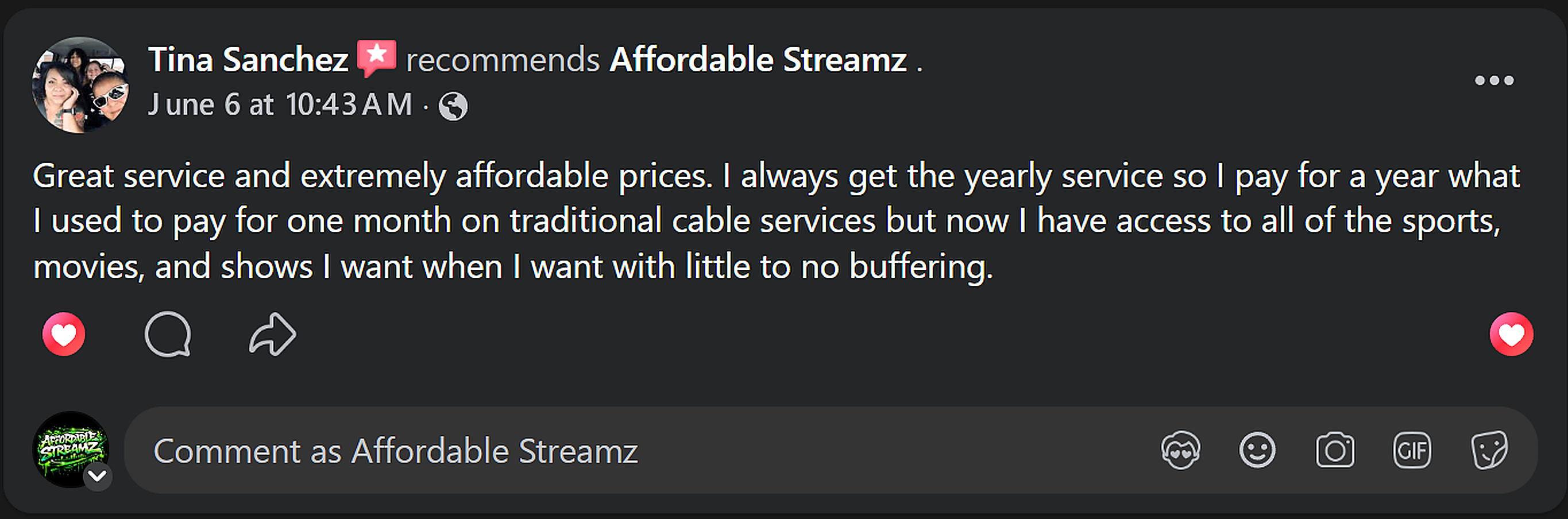 Customer review of Affordable Streamz
