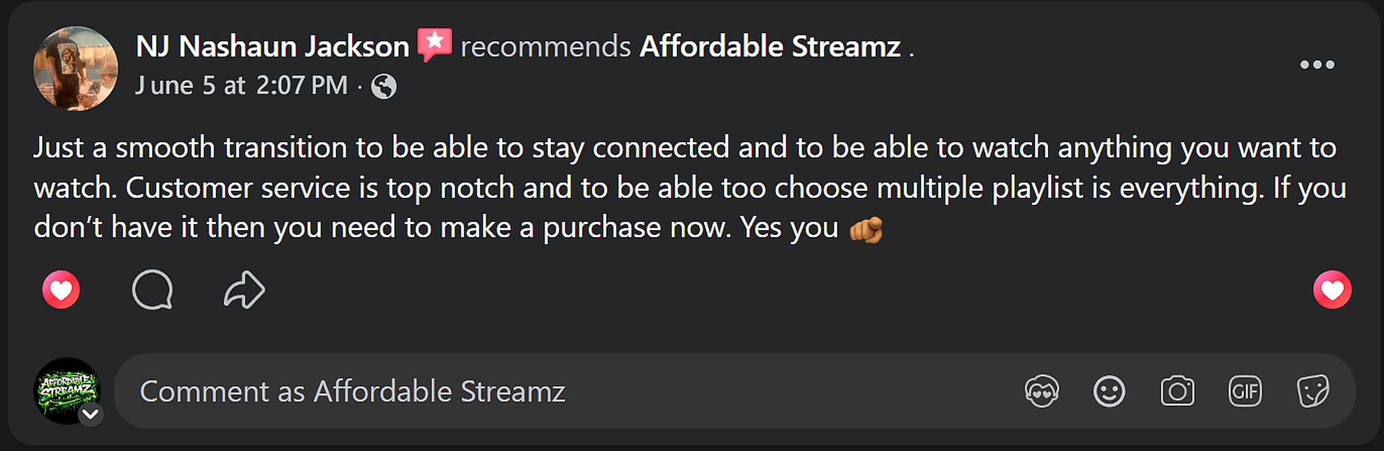 Customer review of Affordable Streamz