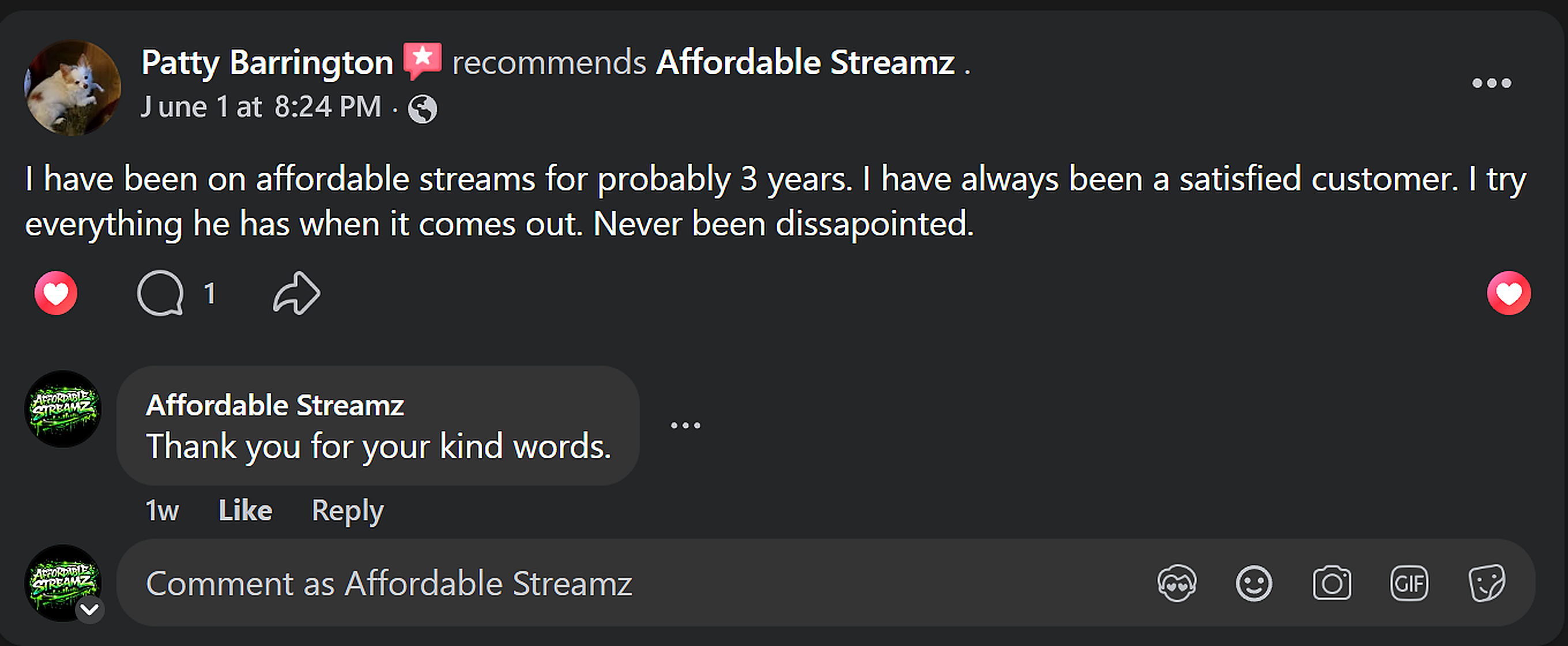 Customer review of Affordable Streamz